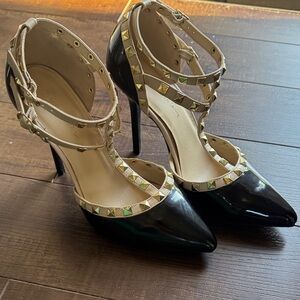 Wild Diva Black Patent Pointed-Toe Heels with Cream Studded Straps